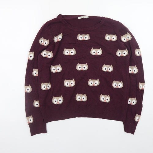 Tu Women's Burgundy Owl Print Pullover Jumper Size 14