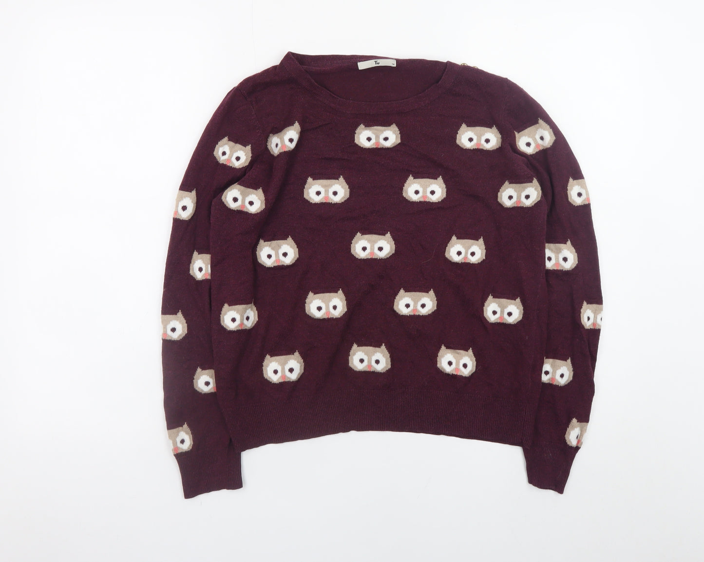Tu Women's Burgundy Owl Print Pullover Jumper Size 14