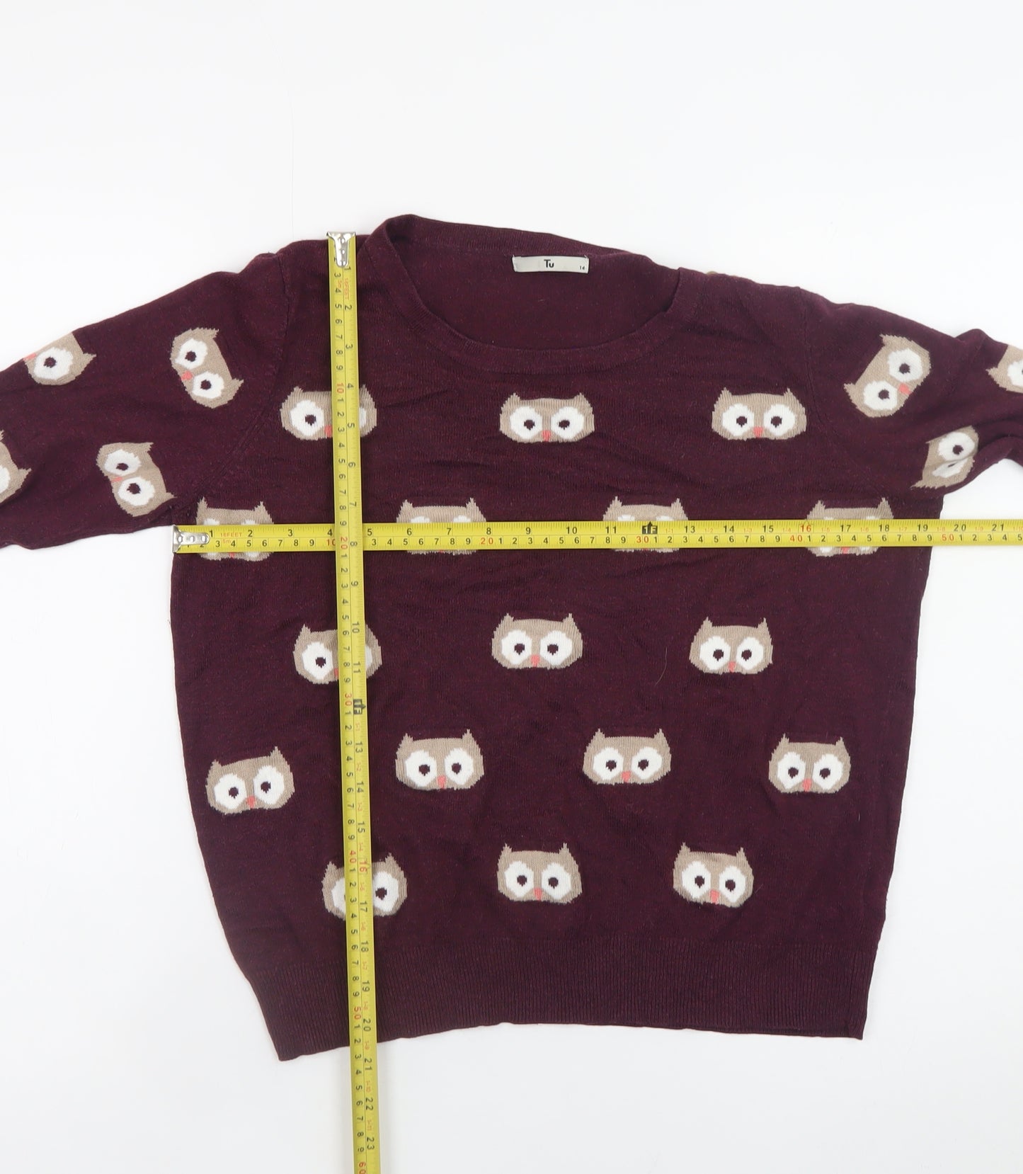 Tu Women's Burgundy Owl Print Pullover Jumper Size 14