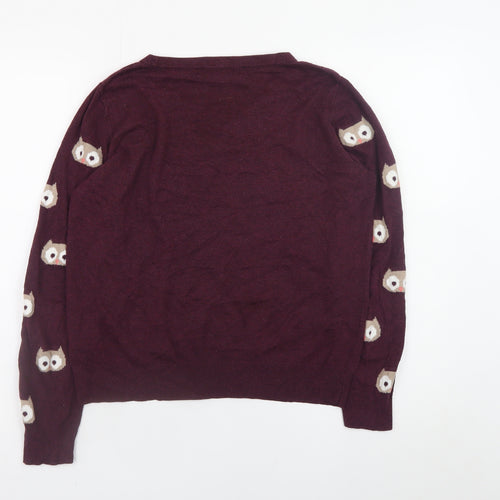 Tu Women's Burgundy Owl Print Pullover Jumper Size 14