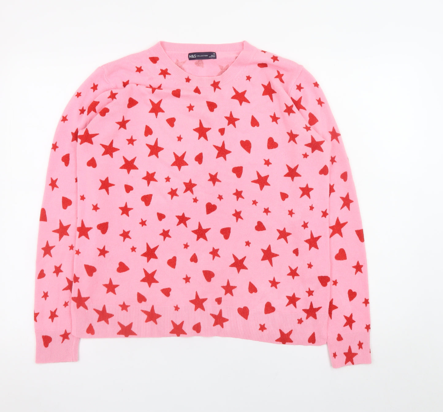 Marks and Spencer Women's Pink Heart Star Crew Neck Jumper Size 16