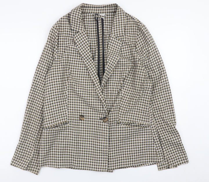 H&M Women Beige Check Blazer Jacket Size S Classic Mid-Length