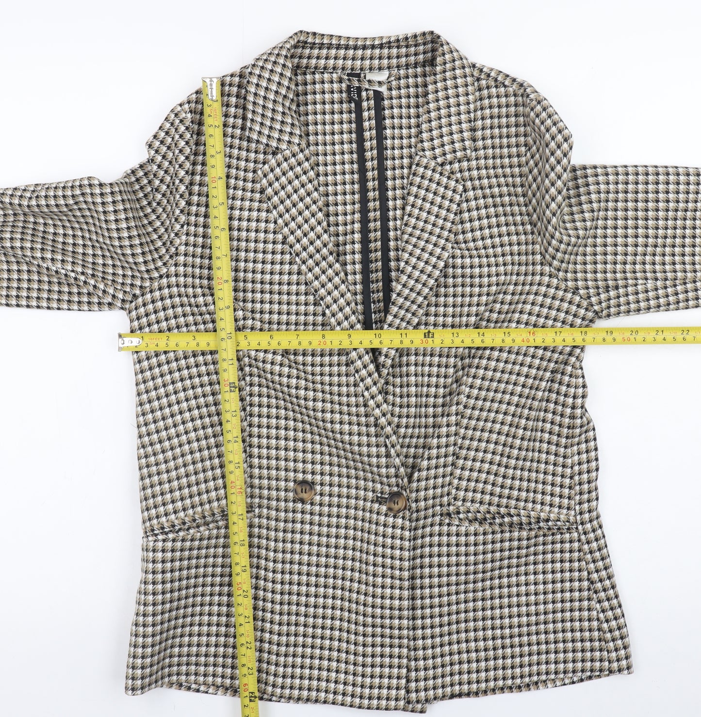 H&M Women Beige Check Blazer Jacket Size S Classic Mid-Length