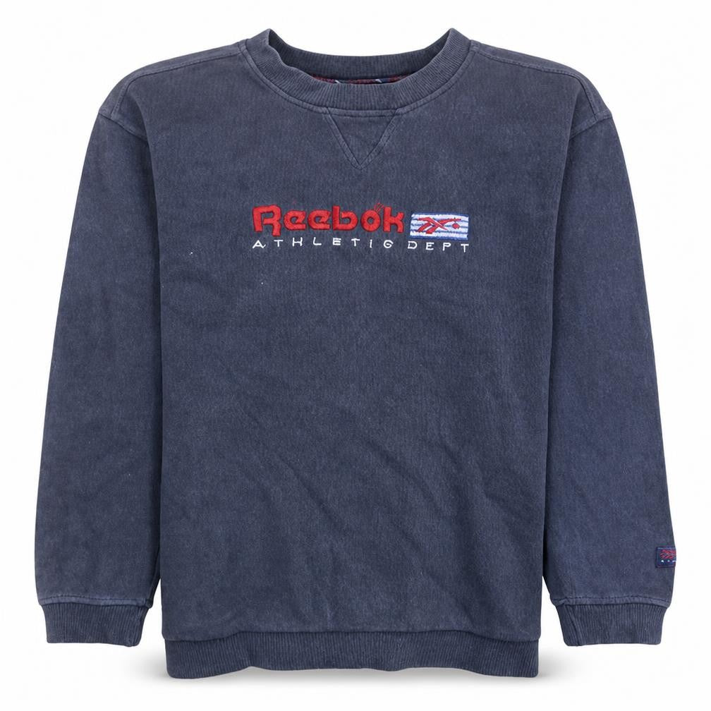 Front view of Reebok Men's Blue Crew Neck Embroidered Athletic Dept Sweatshirt M