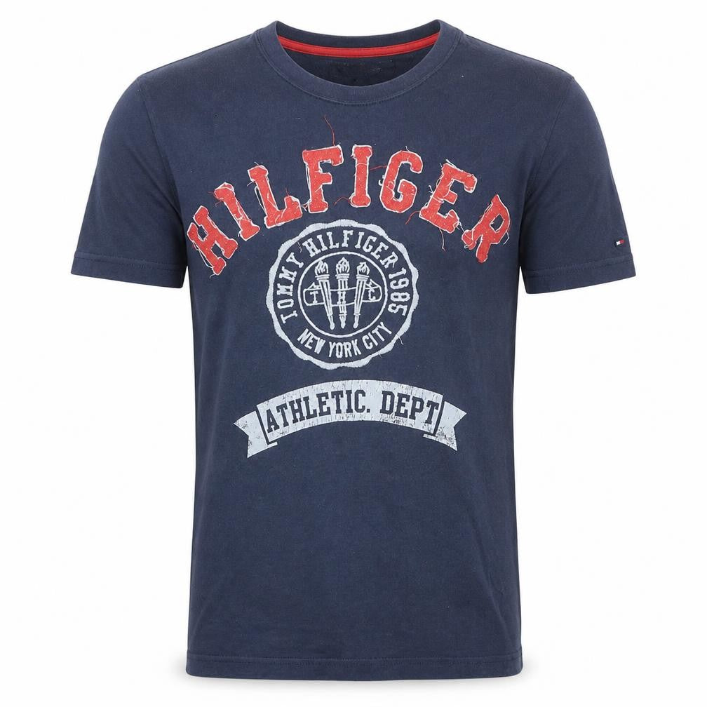 Front view of Tommy Hilfiger Men's Blue Athletic Dept Graphic T-Shirt, size S