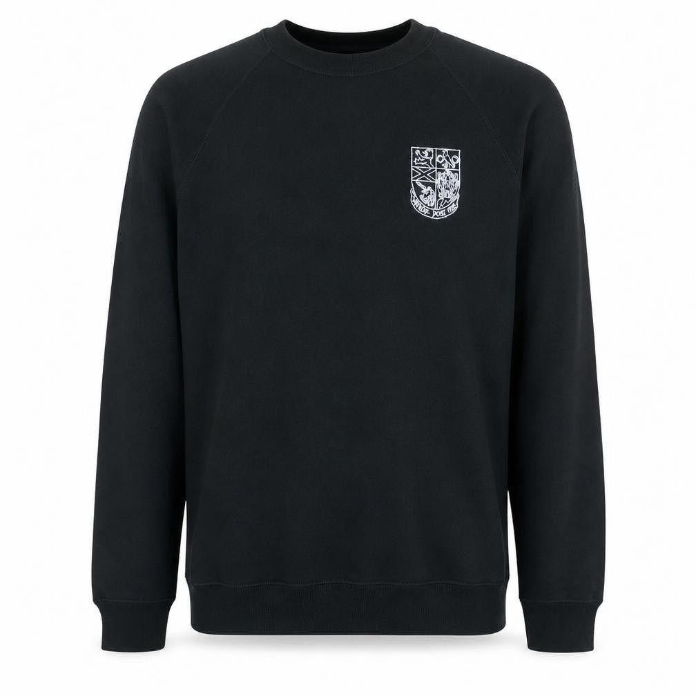 Front view of Russell Men's Black Medium Pullover Sweatshirt with Embroidered Logo