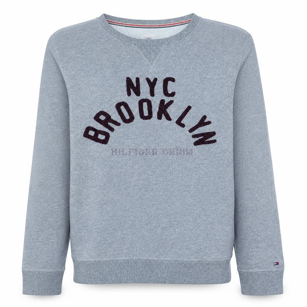 Front view of Hilfiger Denim Men's Grey Crew Neck Sweatshirt NYC Brooklyn M