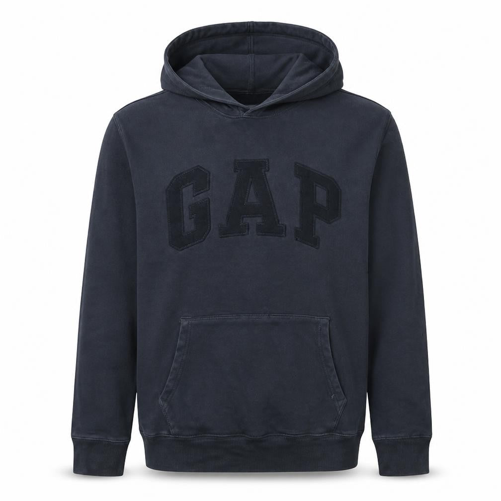 Front view of Gap Men's Black Pullover Hoodie Medium Fleece Logo Sweatshirt