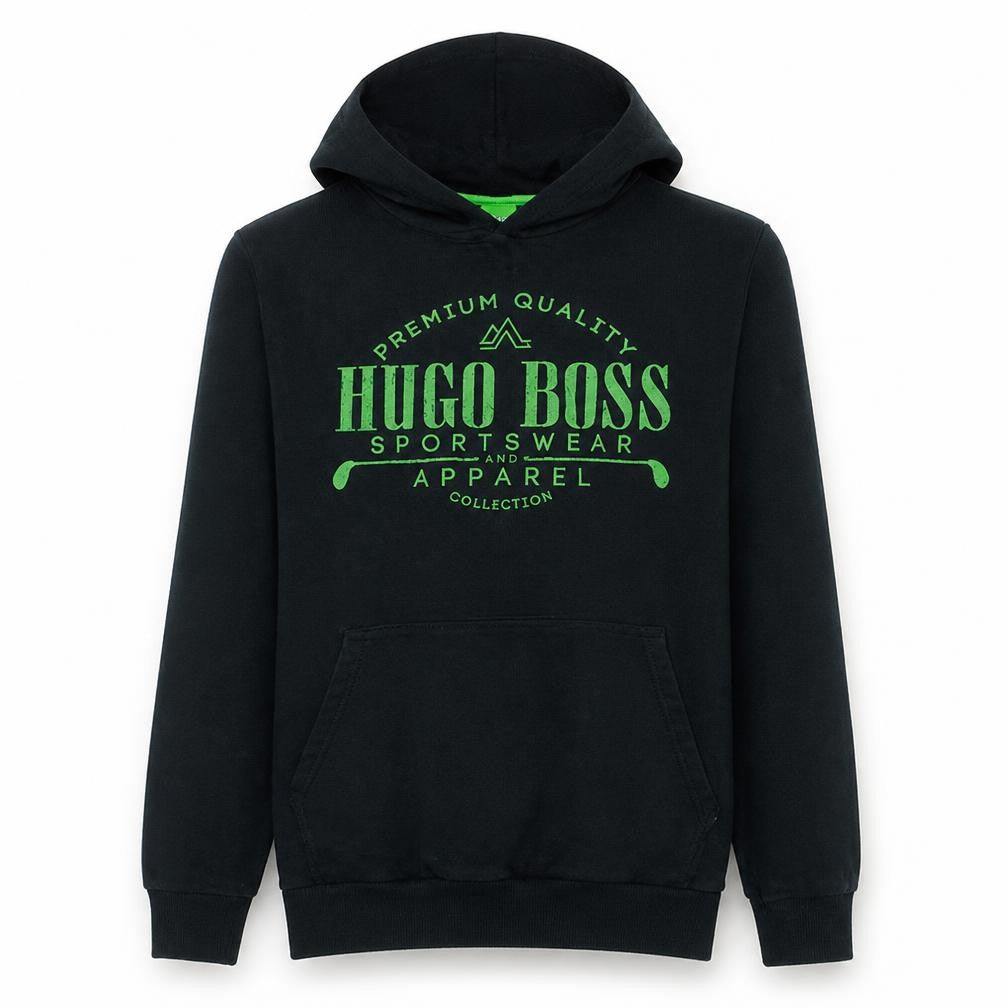 Front view of Hugo Boss men’s black pullover hoodie small logo fleece sweatshirt