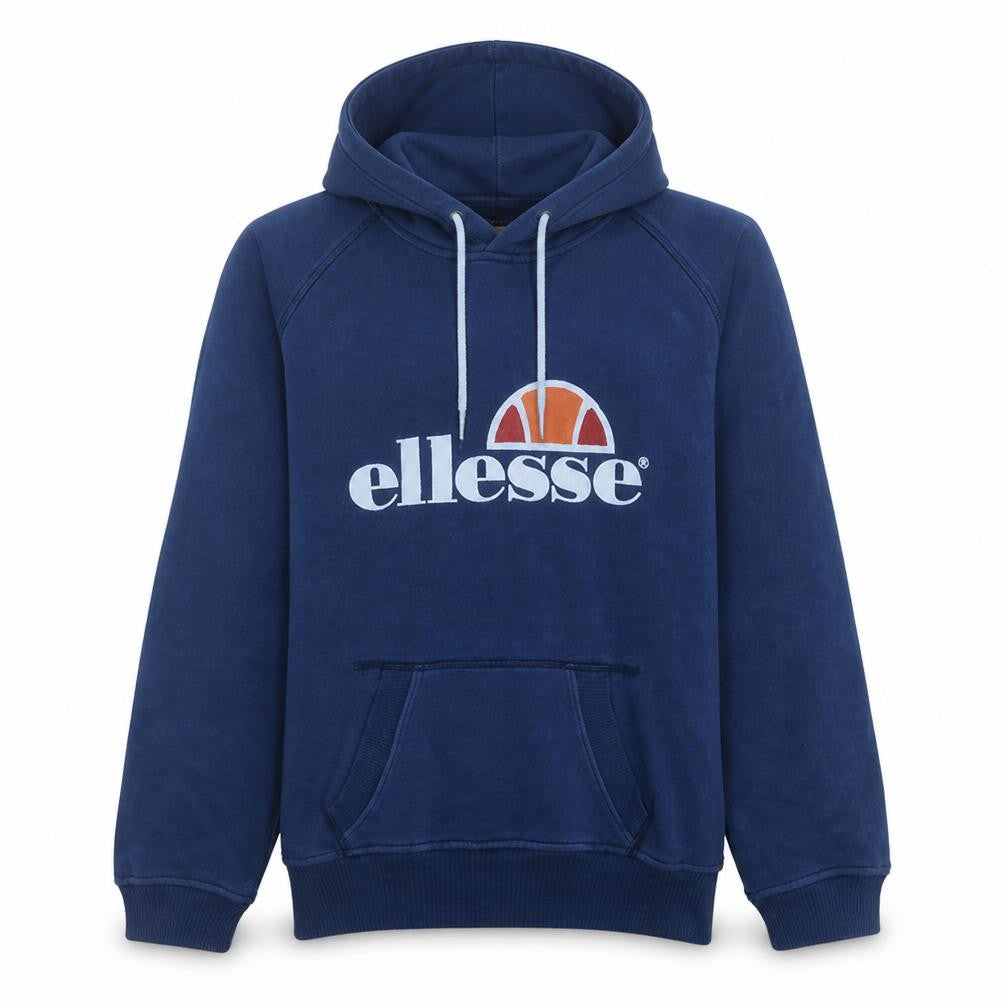 Front view of Ellesse Men's Blue Pullover Hoodie M Heritage Logo Fleece Sweatshirt