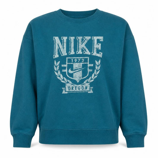 Front view of Nike women’s teal graphic crew neck pullover sweatshirt xs