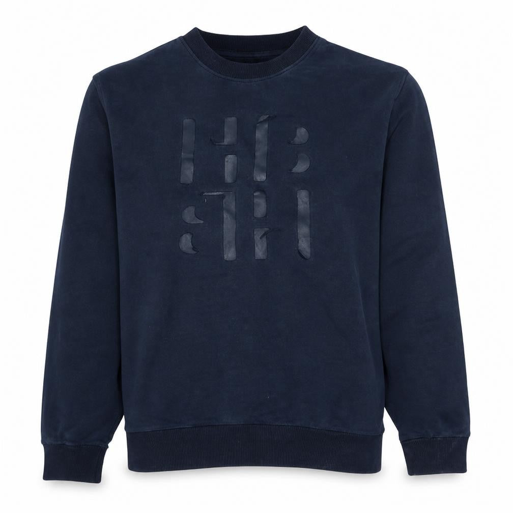Front view of Hugo Boss Men's Blue Logo Crew Neck Sweatshirt, size L, Regular Fit