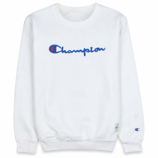 Front view of Champion women’s white medium crew neck pullover sweatshirt