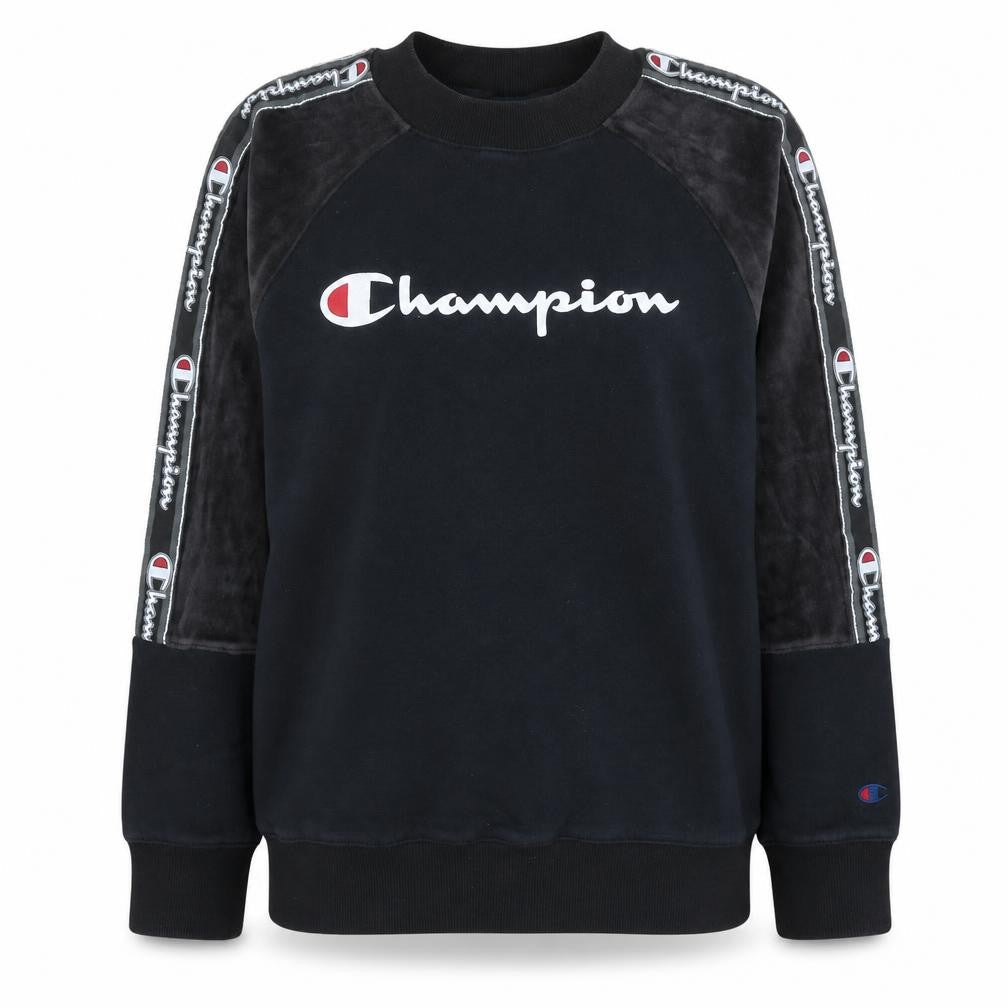 Front view of Champion women’s black medium pullover sweatshirt with logo trim