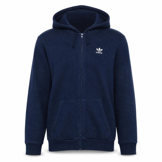 Front view of Adidas Men’s Blue Full Zip Hoodie, size M, Regular Fit Logo Sportswear