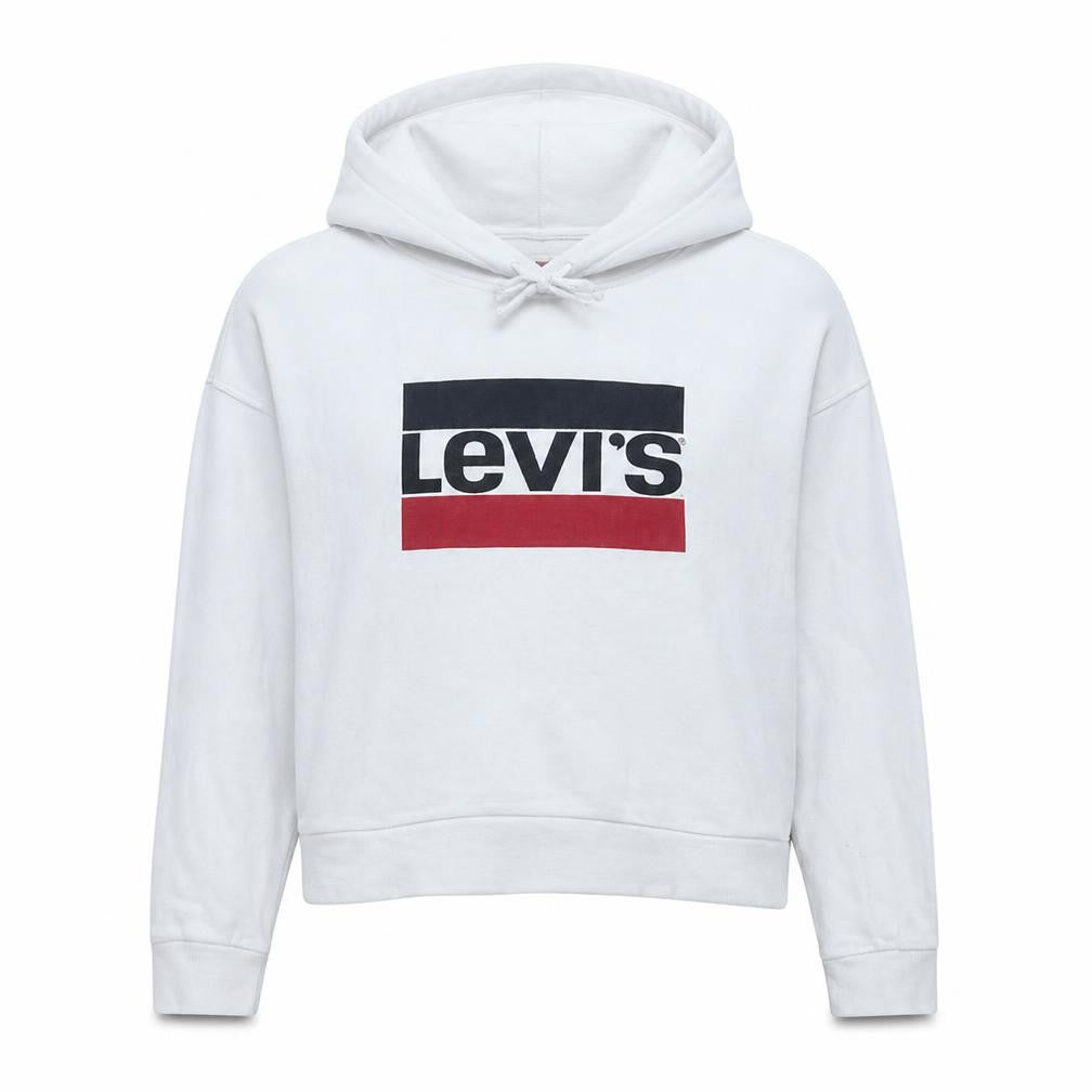 Front view of Levi's women’s white small pullover hoodie with logo print