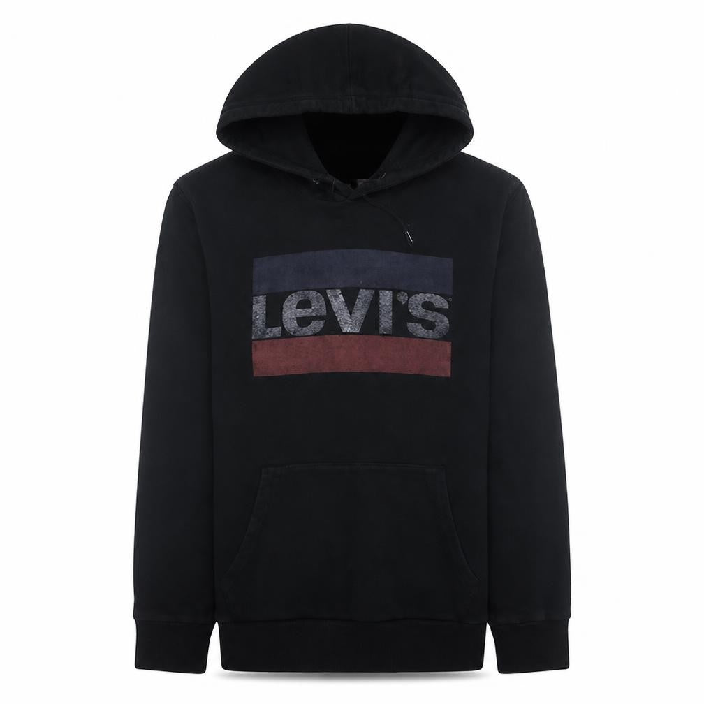 Front view of Levi's Men's Black Pullover Hoodie M Graphic Logo Fleece Sweatshirt