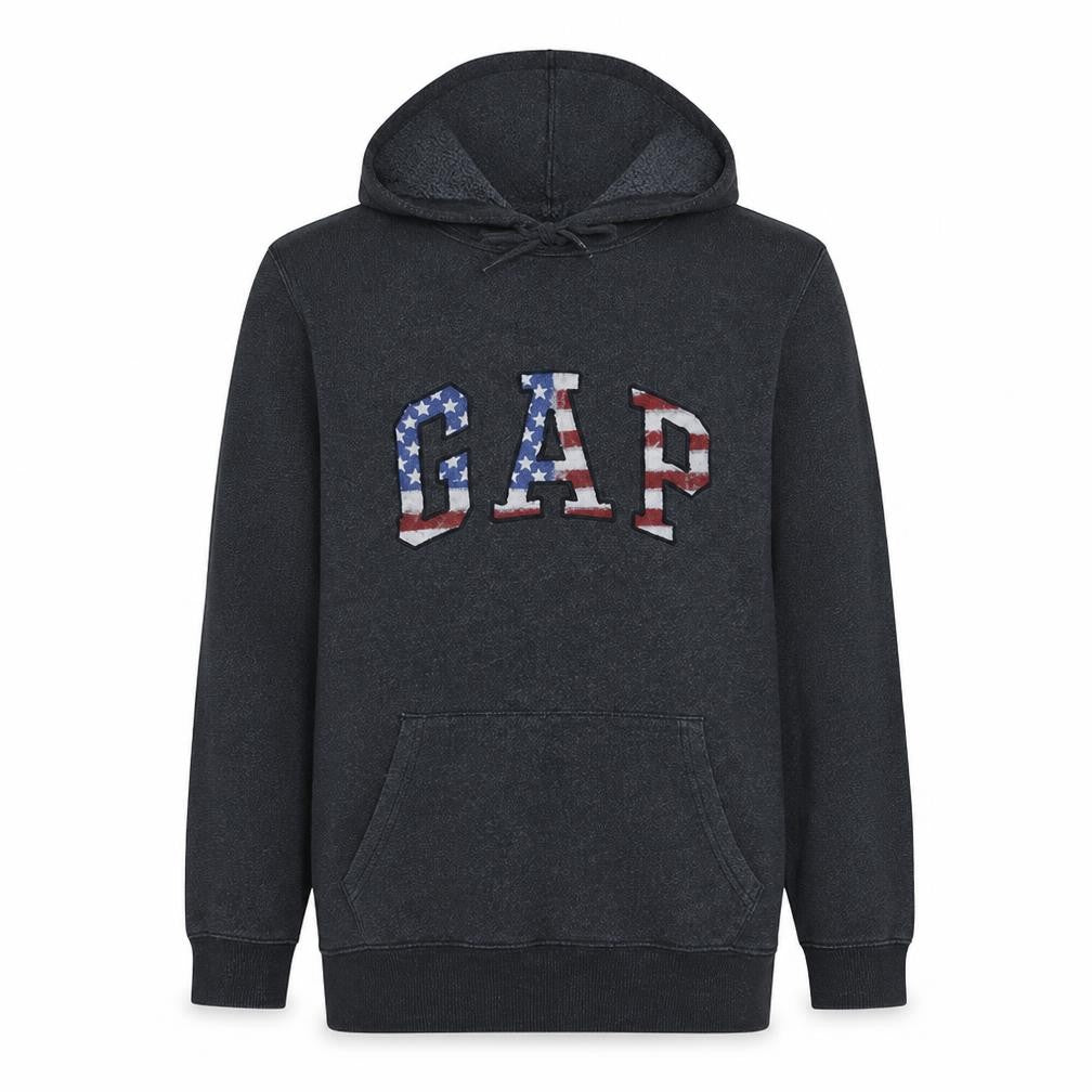 Front view of Gap Men's Black Hoodie L Pullover American Flag Logo Cotton Blend