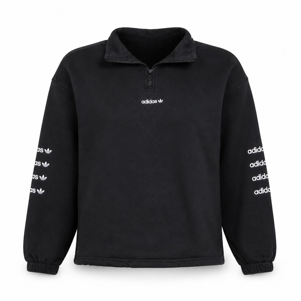 Front view of Adidas Women Black 1/4 Zip Pullover Sweatshirt UK 12 Logo Print