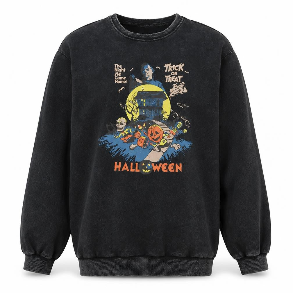 Front view of Comfort Colors Men's Black Halloween Graphic Pullover Sweatshirt M