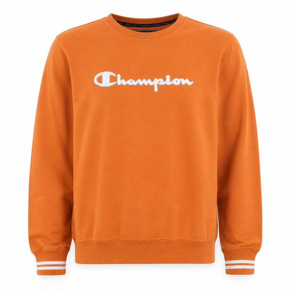 Front view of Champion men’s orange crew neck sweatshirt medium pullover logo athletic