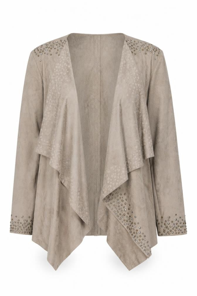 Front view of Klass Women's Beige Suede Look Studded Open Jacket, size M
