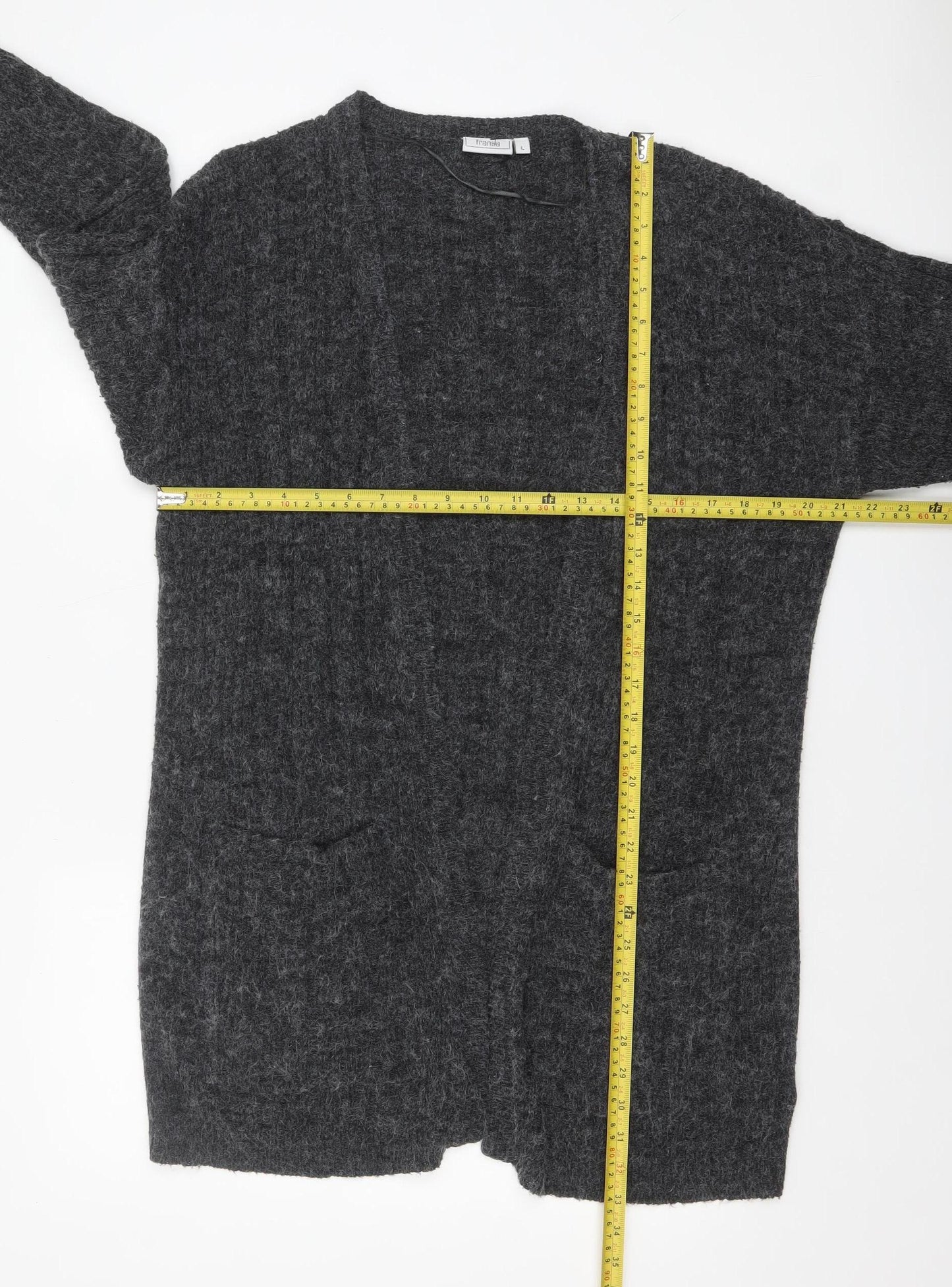 Fransa Women Grey Long Sleeve Open Front Knit Cardigan L