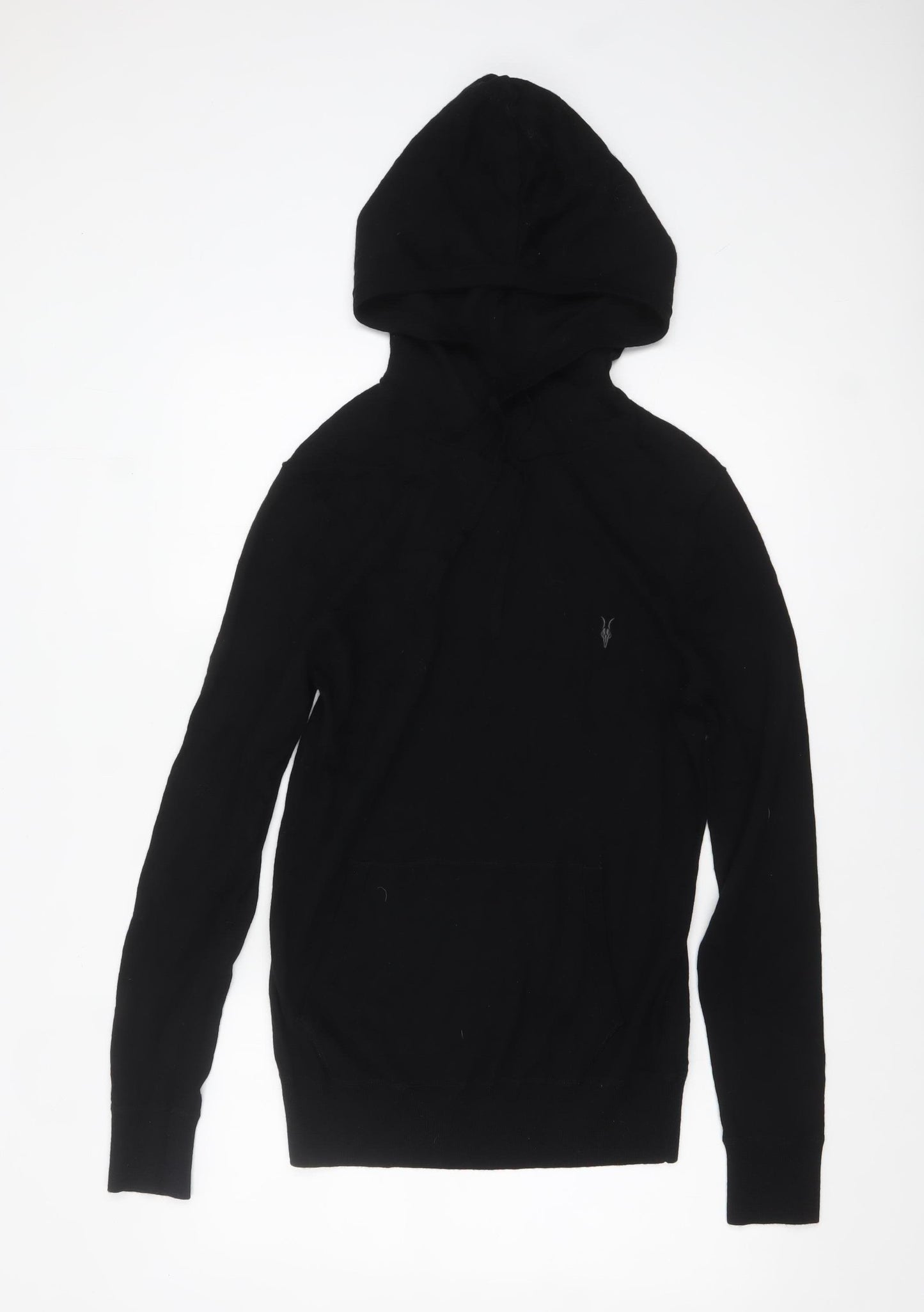 AllSaints Men’s Black Merino Wool Hooded Pullover Jumper Medium