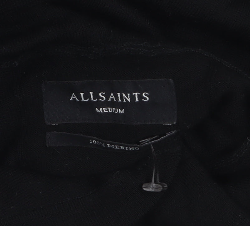 AllSaints Men’s Black Merino Wool Hooded Pullover Jumper Medium