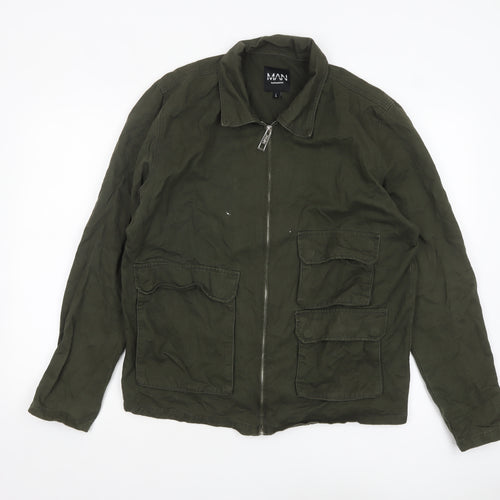 boohooMAN Men's Green Cotton Military Jacket L Regular Zip Pockets
