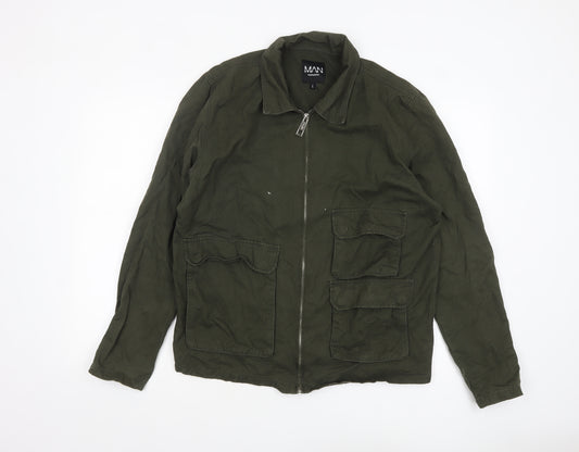 boohooMAN Men's Green Cotton Military Jacket L Regular Zip Pockets