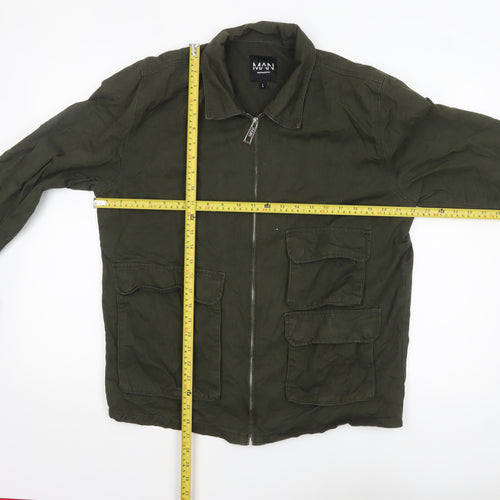 boohooMAN Men's Green Cotton Military Jacket L Regular Zip Pockets