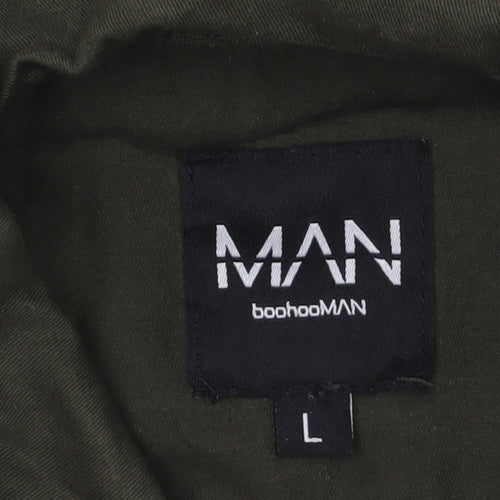 boohooMAN Men's Green Cotton Military Jacket L Regular Zip Pockets