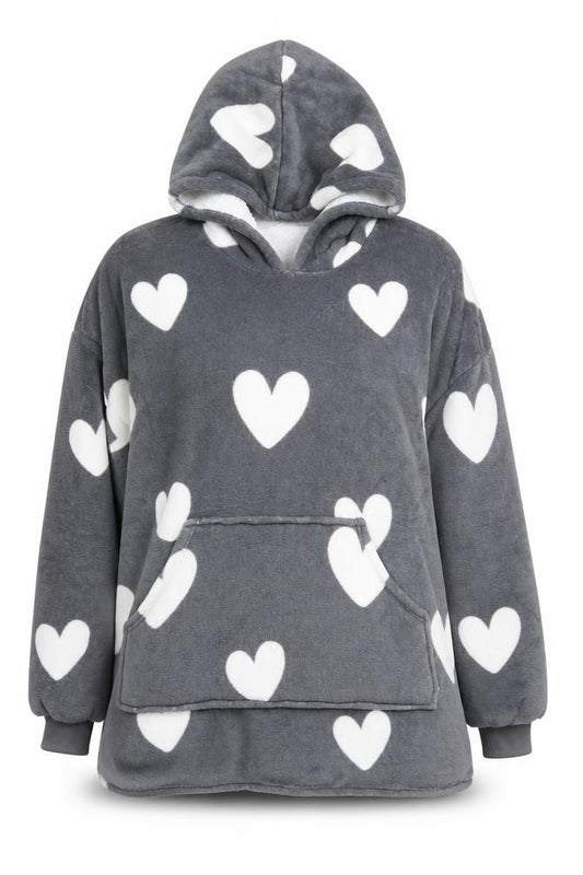 Dreamscene Women Grey Heart Fleece Hooded Robe OHS One Size
