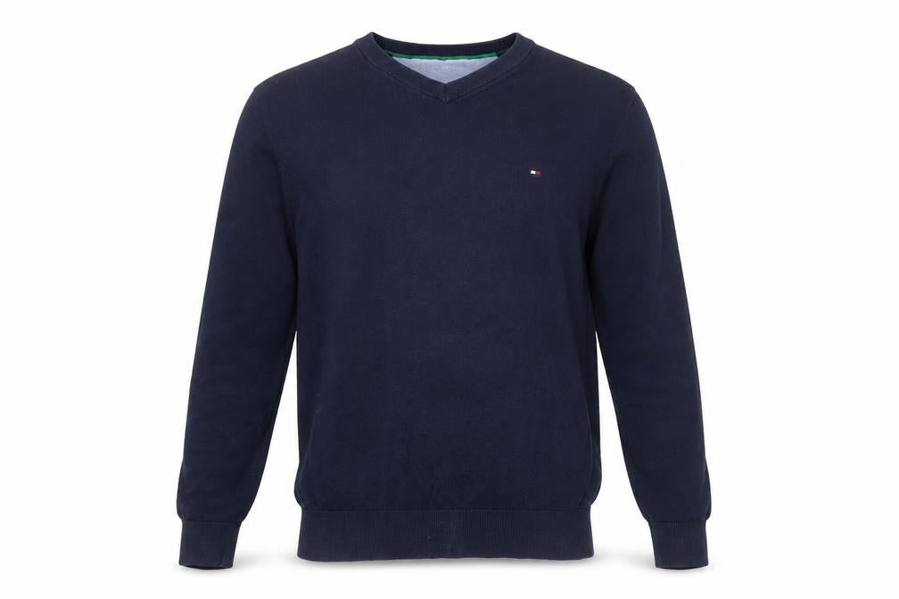Front view of Tommy Hilfiger Men’s Blue Cotton V-Neck Golf Jumper, size M