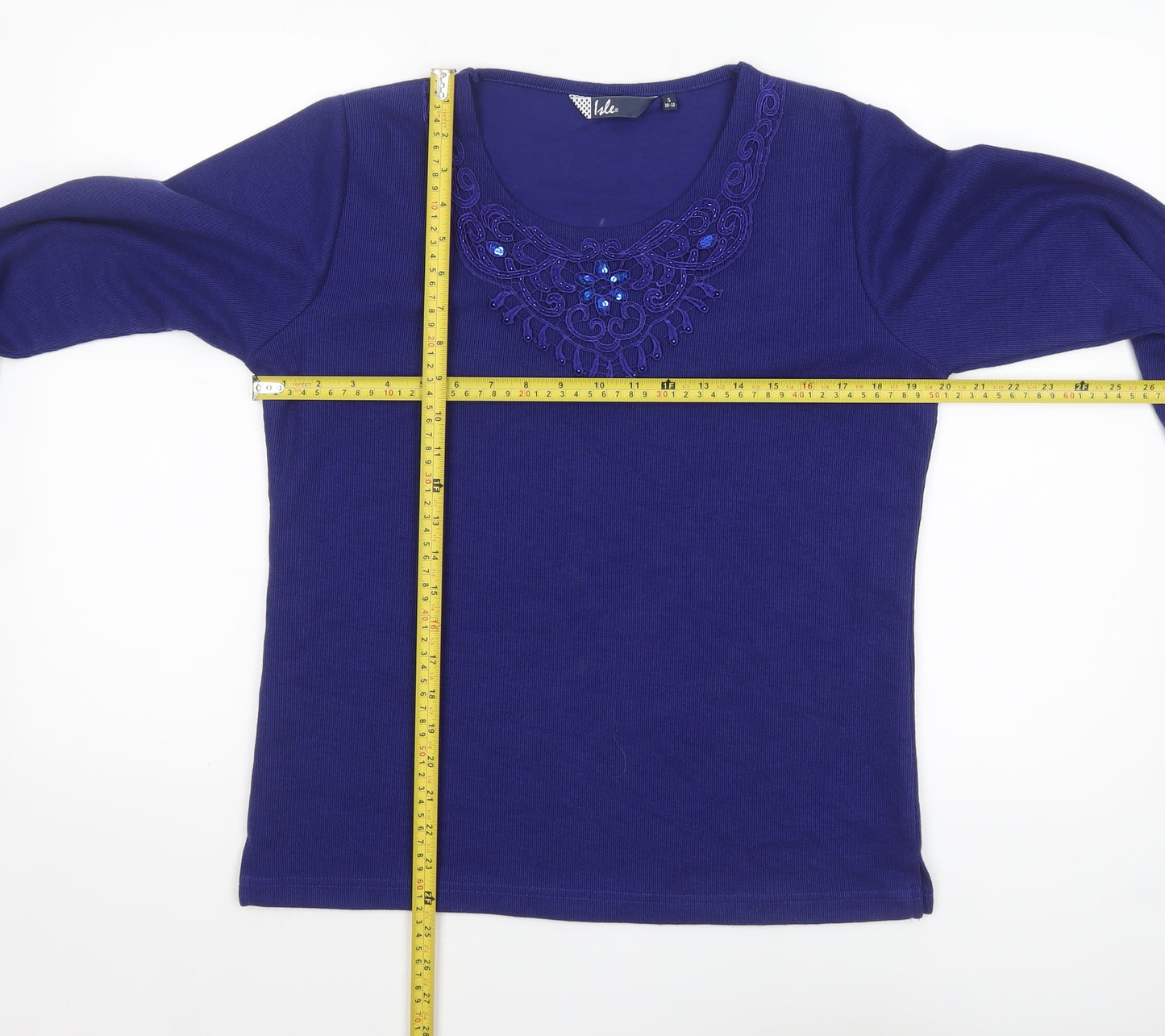 Isle Women's Blue Long Sleeve Embroidered T-Shirt Size S 10-12