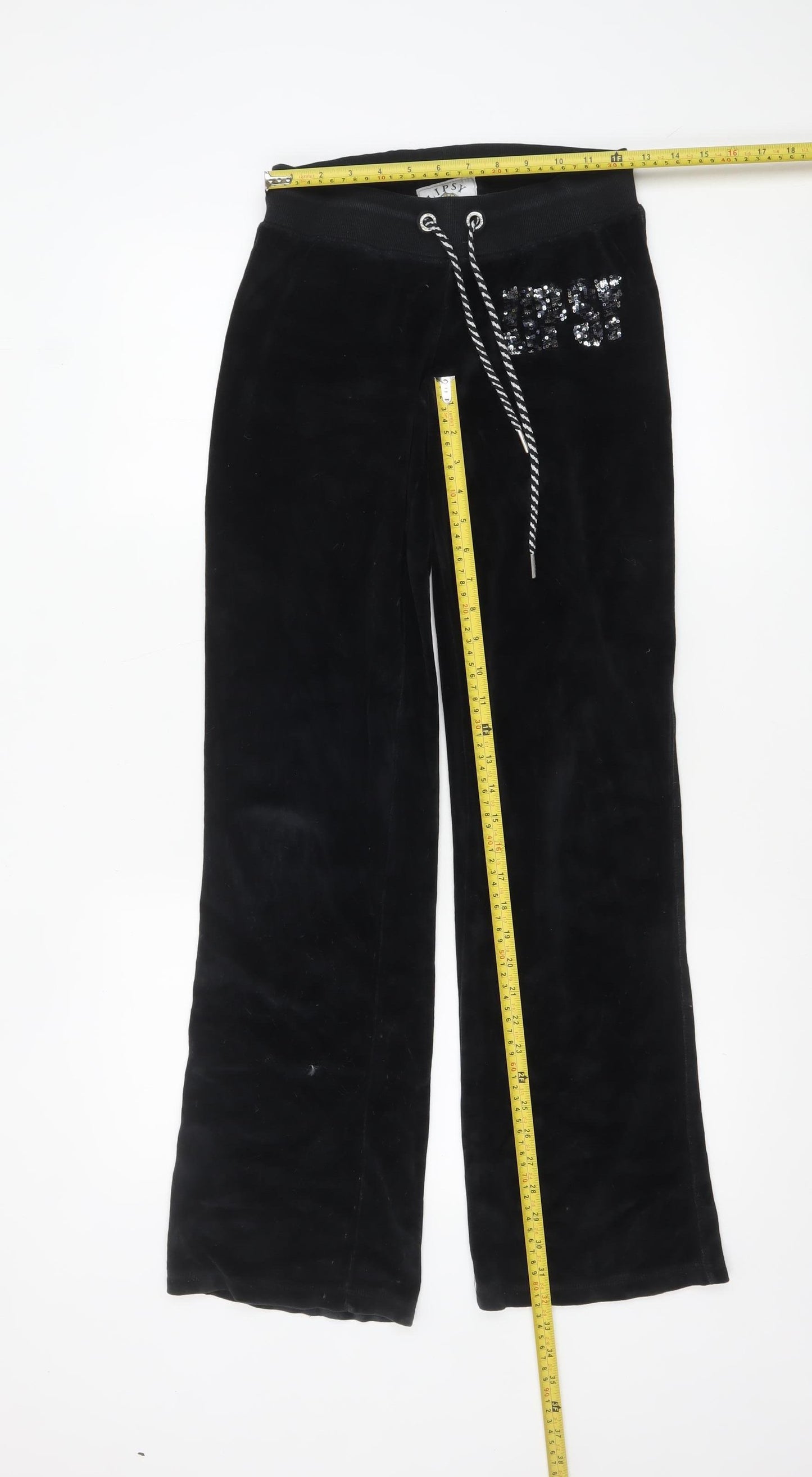 Lipsy Women Black Velour Sequin Logo Sweatpants Size 8