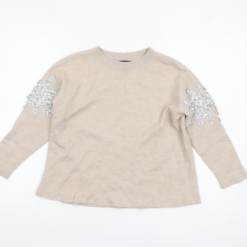 J.Crew Women's Beige Sequin Embellished Crew Neck Wool Blend Jumper Size S