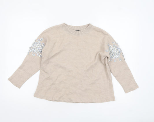 J.Crew Women's Beige Sequin Embellished Crew Neck Wool Blend Jumper Size S