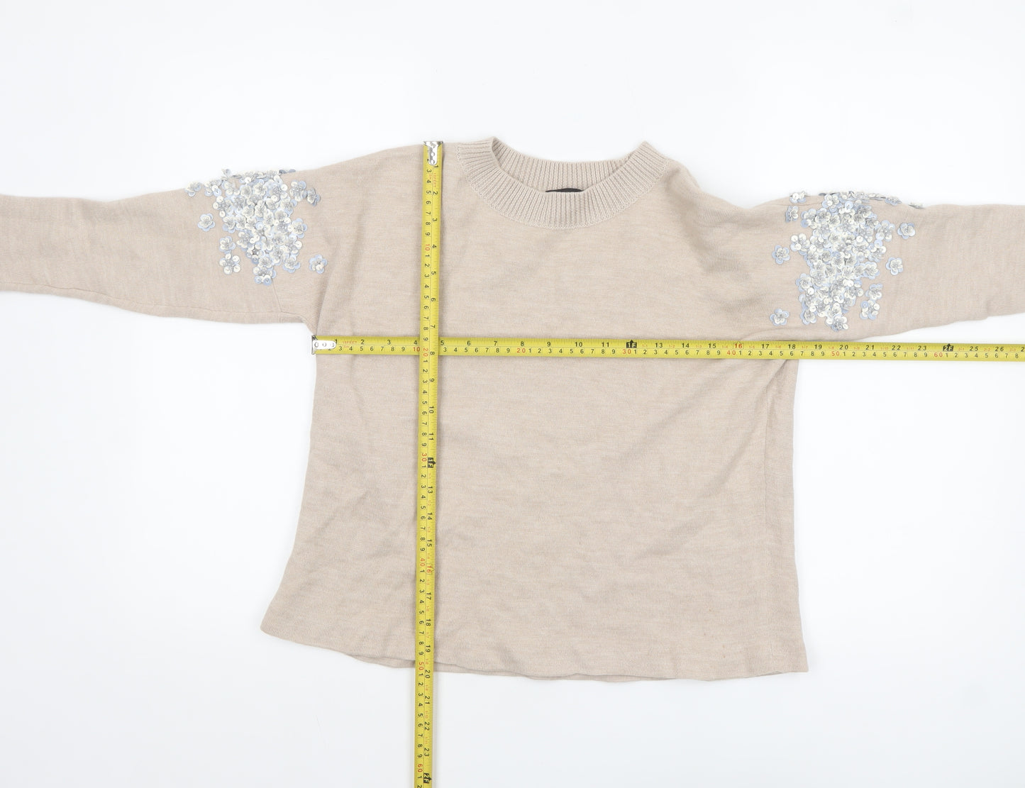 J.Crew Women's Beige Sequin Embellished Crew Neck Wool Blend Jumper Size S