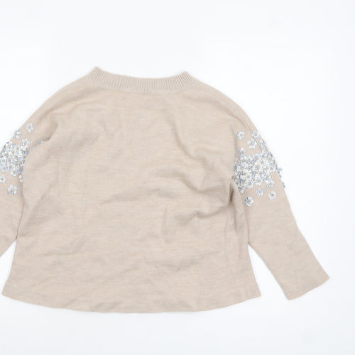 J.Crew Women's Beige Sequin Embellished Crew Neck Wool Blend Jumper Size S