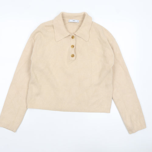 MNG Women Beige Collared Henley Knit Jumper Size M