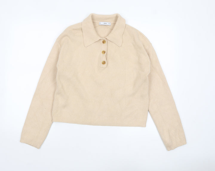 MNG Women Beige Collared Henley Knit Jumper Size M