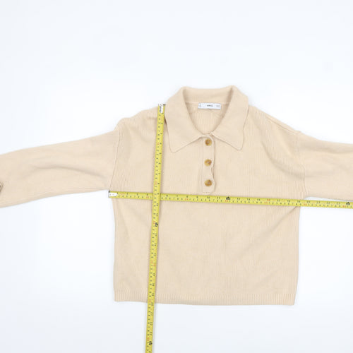 MNG Women Beige Collared Henley Knit Jumper Size M