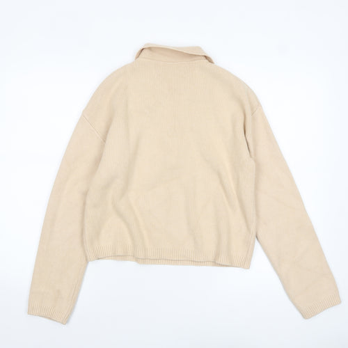 MNG Women Beige Collared Henley Knit Jumper Size M