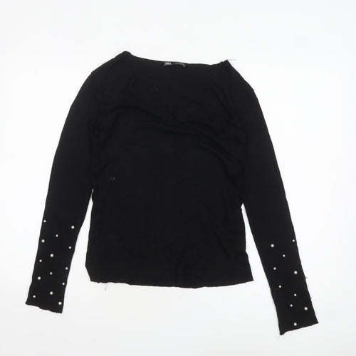 Zara Women Black Viscose Beaded Sleeve V-Neck Jumper Size S