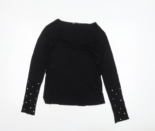Zara Women Black Viscose Beaded Sleeve V-Neck Jumper Size S