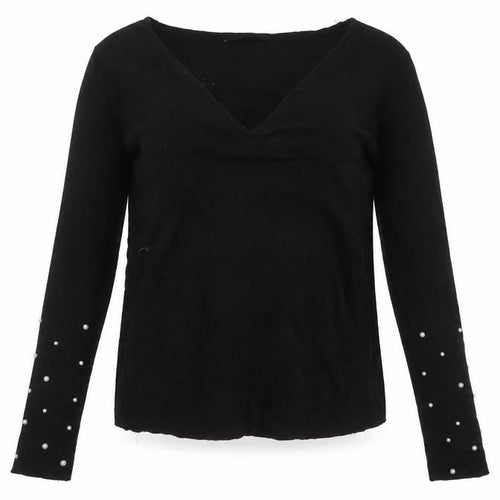 Zara Women Black Viscose Beaded Sleeve V-Neck Jumper Size S