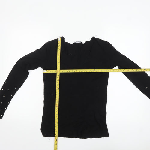 Zara Women Black Viscose Beaded Sleeve V-Neck Jumper Size S