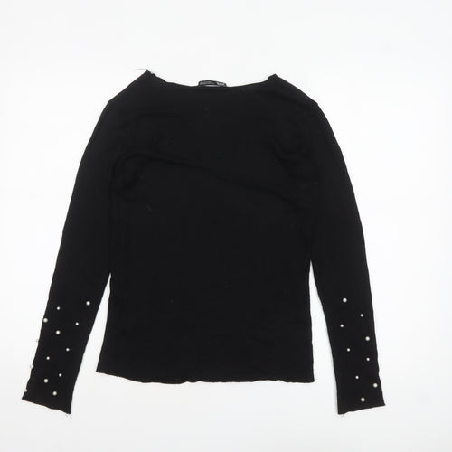 Zara Women Black Viscose Beaded Sleeve V-Neck Jumper Size S